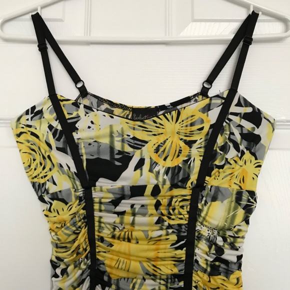 Rare Y2K Seduction Ruched Spaghetti Strap Top XS/S Fit Ruffle Hem Yellow Black - Picture 4 of 10